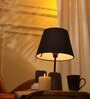 Ribbed E27 Holder Wooden Base Table Lamp (Blue Base) with Fabric Shade (Blue)