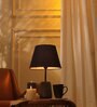 Ribbed E27 Holder Wooden Base Table Lamp (Blue Base) with Fabric Shade (Blue)