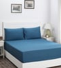 Blue Solid 200 TC Cotton Queen Sized Fitted Bed Sheets with 2 Pillow Covers