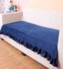 Blue Solid Velvet 1 Seater Quilted Sofa Cover (Protector) with Frill