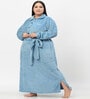 Blue Solid Woolen Women Bath Robe With Belt (3XL)