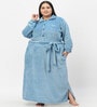 Blue Solid Woolen Women Bath Robe With Belt (3XL)