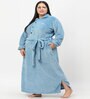 Blue Solid Woolen Women Bath Robe With Belt (3XL)