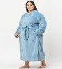 Blue Solid Woolen Women Bath Robe With Belt (XXL)