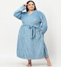 Blue Solid Woolen Women Bath Robe With Belt (XXL)