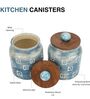 Blue Square Embossed Ceramic Air Tight Jars/ Barnis with Wooden Lids