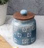 Blue Square Embossed Ceramic Air Tight Jars/ Barnis with Wooden Lids