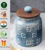 Blue Square Embossed Ceramic Air Tight Jars/ Barnis with Wooden Lids