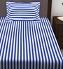 Blue Striped 208 TC 100% Cotton Single Bed Sized Bed Sheets With 1 Pillow Cover