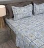 Blue Stylized Floral Motifs 210 TC 100% Cotton Superking Bedsheet with 2 Pillow Covers