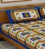 Blue Traditional 120 TC 100% Cotton Queen Bedsheet With 2 Pillow Covers