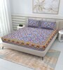 Blue Traditional 144 TC Cotton Double Queen Bedsheet With 2 Pillow Covers