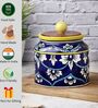 Blue White Floral Cylindrical Ceramic Jar with Wooden Lid