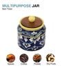 Blue White Floral Cylindrical Ceramic Jar with Wooden Lid