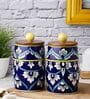 Blue White Floral Dholak Ceramic Jars Set of Two