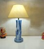 Blue White Handmade Distress wooden Table lamp in Vase design in Rustic Bark finish with Beige fabric shade