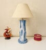 Blue White Handmade Distress wooden Table lamp in Vase design in Rustic Bark finish with Beige fabric shade