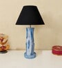 Blue White Handmade Distress wooden Table lamp in Vase design in Rustic Bark finish with Black fabric shade