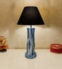Blue White Handmade Distress wooden Table lamp in Vase design in Rustic Bark finish with Black fabric shade