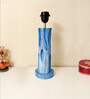 Blue White Handmade Distress wooden Table lamp in Vase design in Rustic Bark finish with Handpainted Border on Black fabric shade