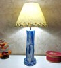 Blue White Handmade Distress wooden Table lamp in Vase design in Rustic Bark finish with Handpainted Border on Beige fabric shade