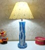 Blue White Handmade Distress wooden Table lamp in Vase design in Rustic Bark finish with Handpainted Floral design on Beige fabric shade