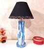 Blue White Handmade Distress wooden Table lamp in Vase design in Rustic Bark finish with Handpainted Border on Black fabric shade