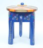 Blue Wooden Brass Metal Painting Elephant Stool