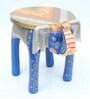 Blue Wooden Brass Metal Painting Elephant Stool