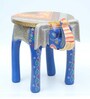 Blue Wooden Brass Metal Painting Elephant Stool