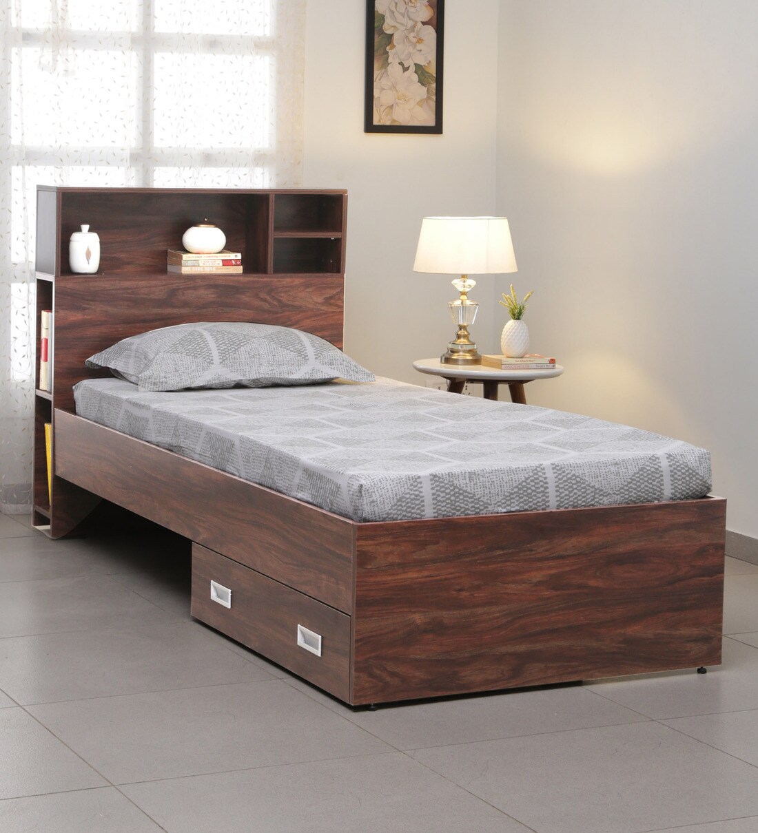 Buy Boltera Single Bed in Dark Walnut Finish with Drawer Storage at 4