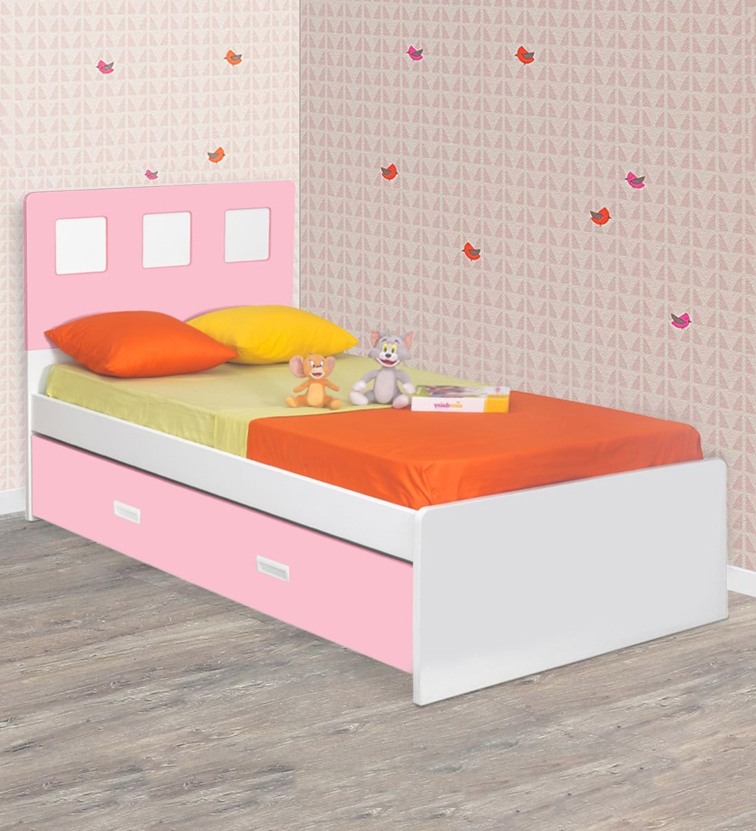 Buy Boston Kids Single Bed with Trundle in Pink & White Color by Alex