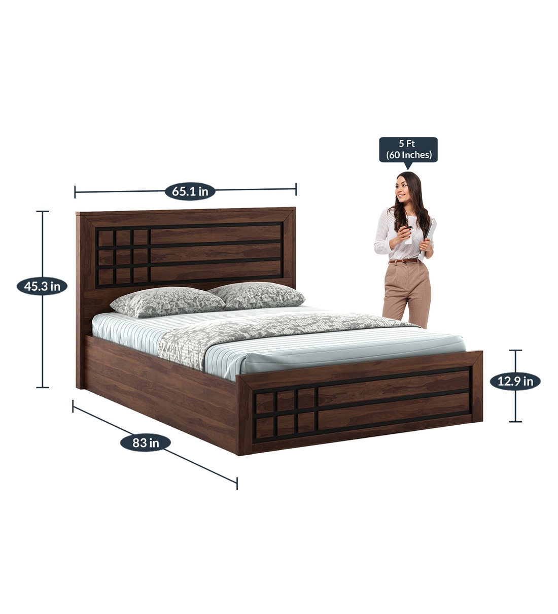 Buy Boston Queen Size Bed With Hydraulic Storage In Sheesham Finish By