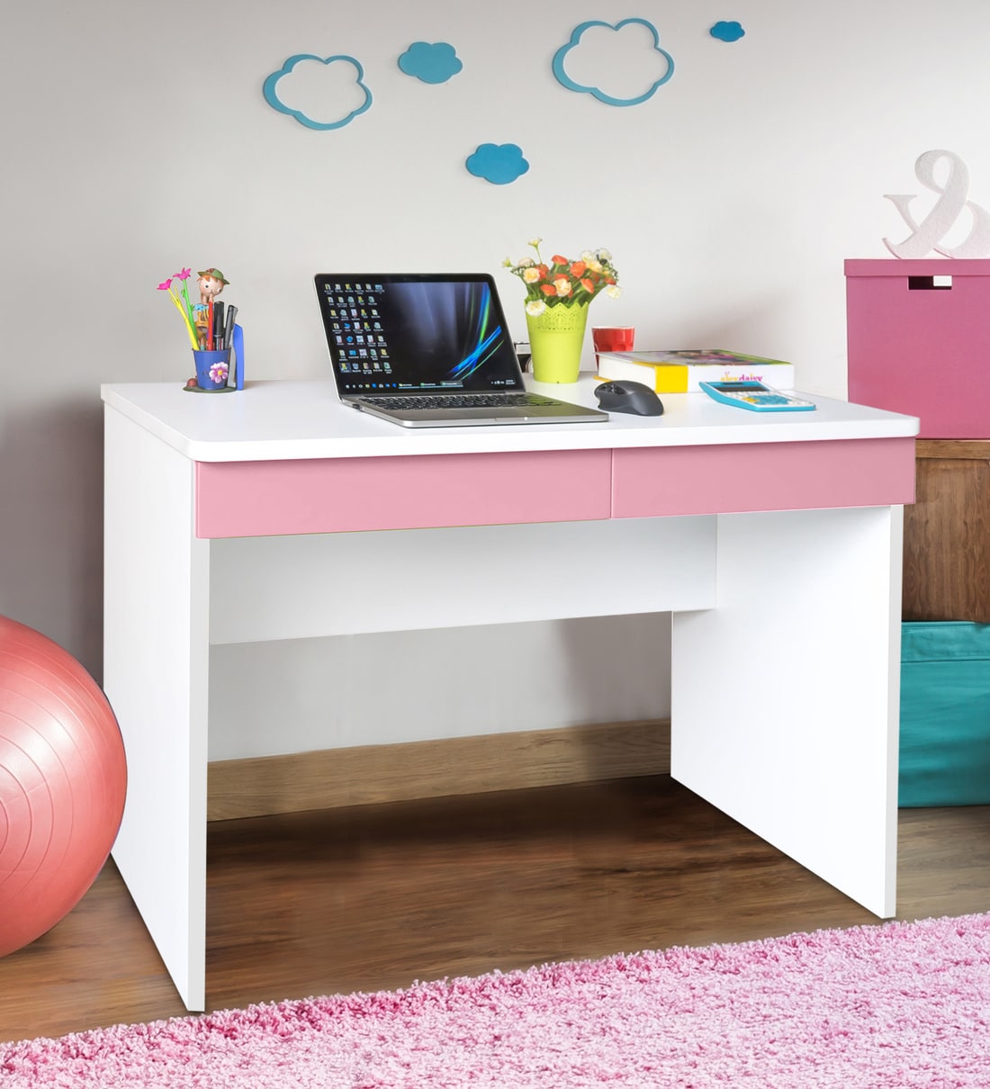 white desk with pink drawers