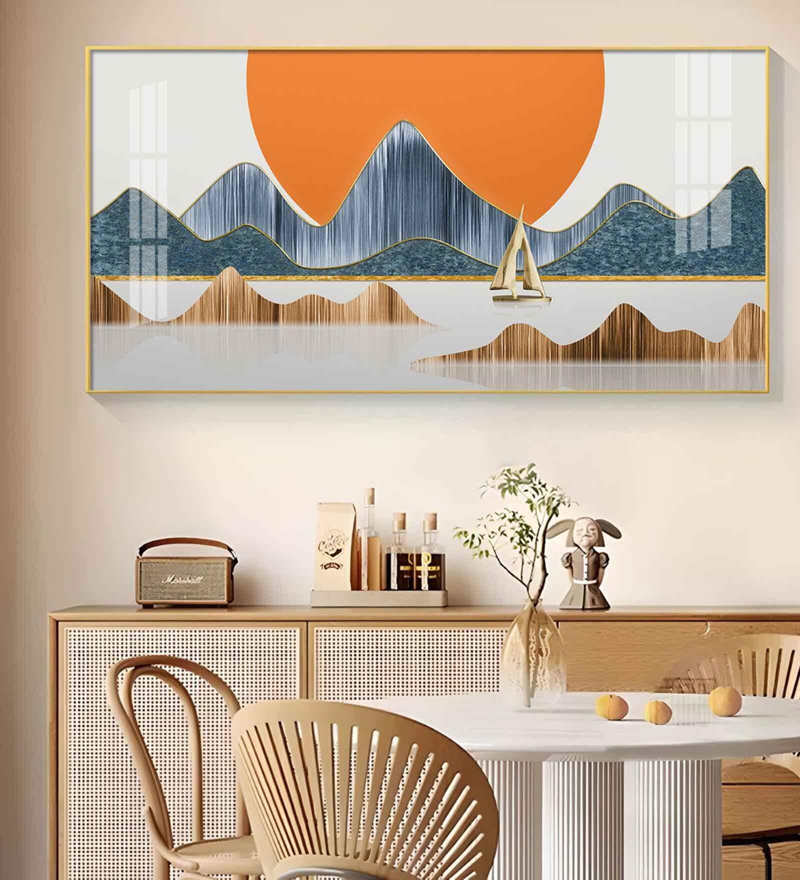 Boat And Sunset Scenery Glass Finish Horizontal Wall Art