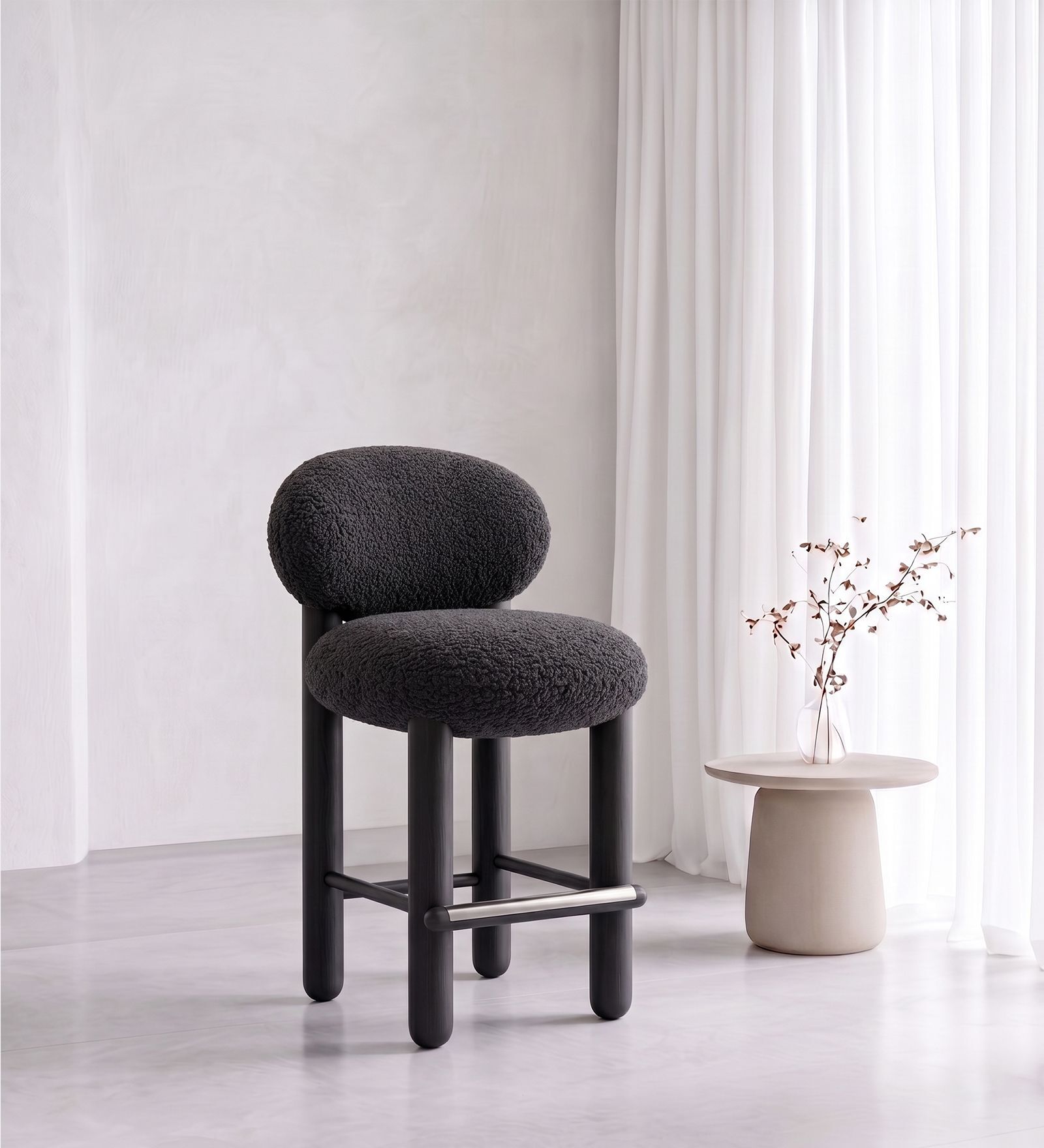 Boevik Plush Bar Stool In Charcoal Grey Colour