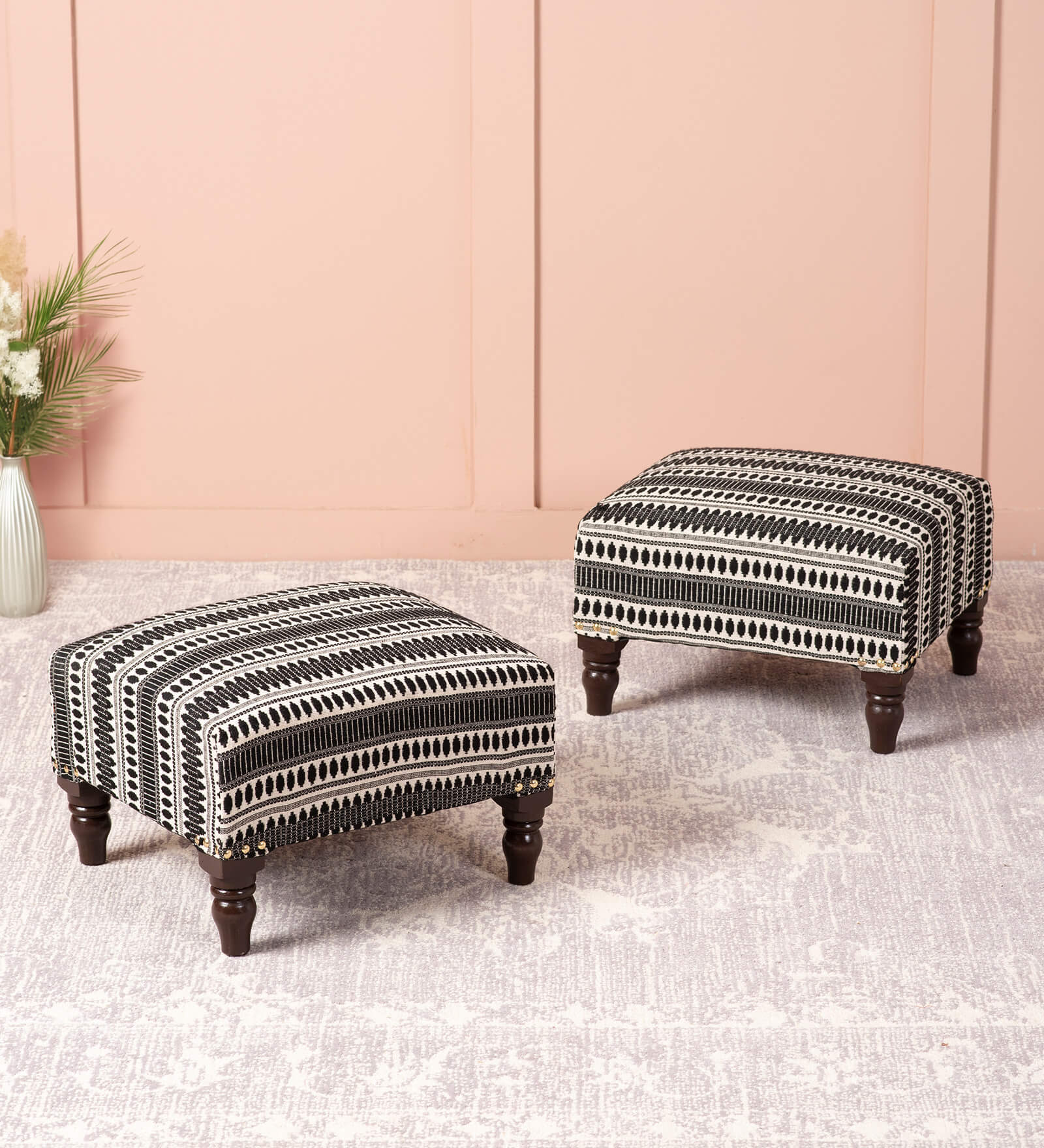 Bohemian Fabric Seating Stools in Black & White Color Set of 2