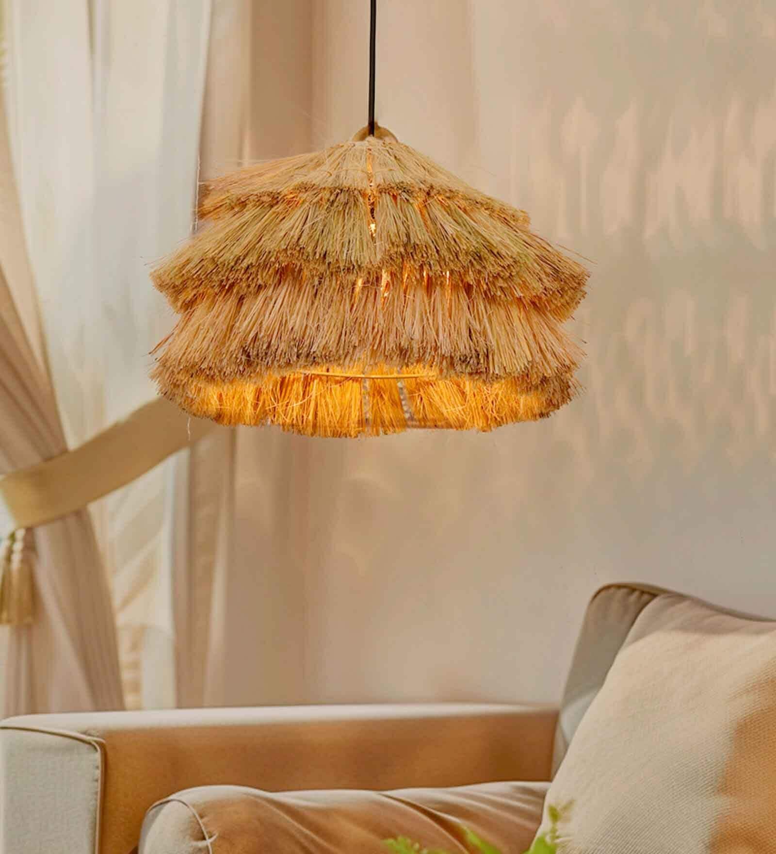 Bohemian Glow Fringed Munja 14 inch Cane Pendant Hanging Light with Brass Accents (Brown)