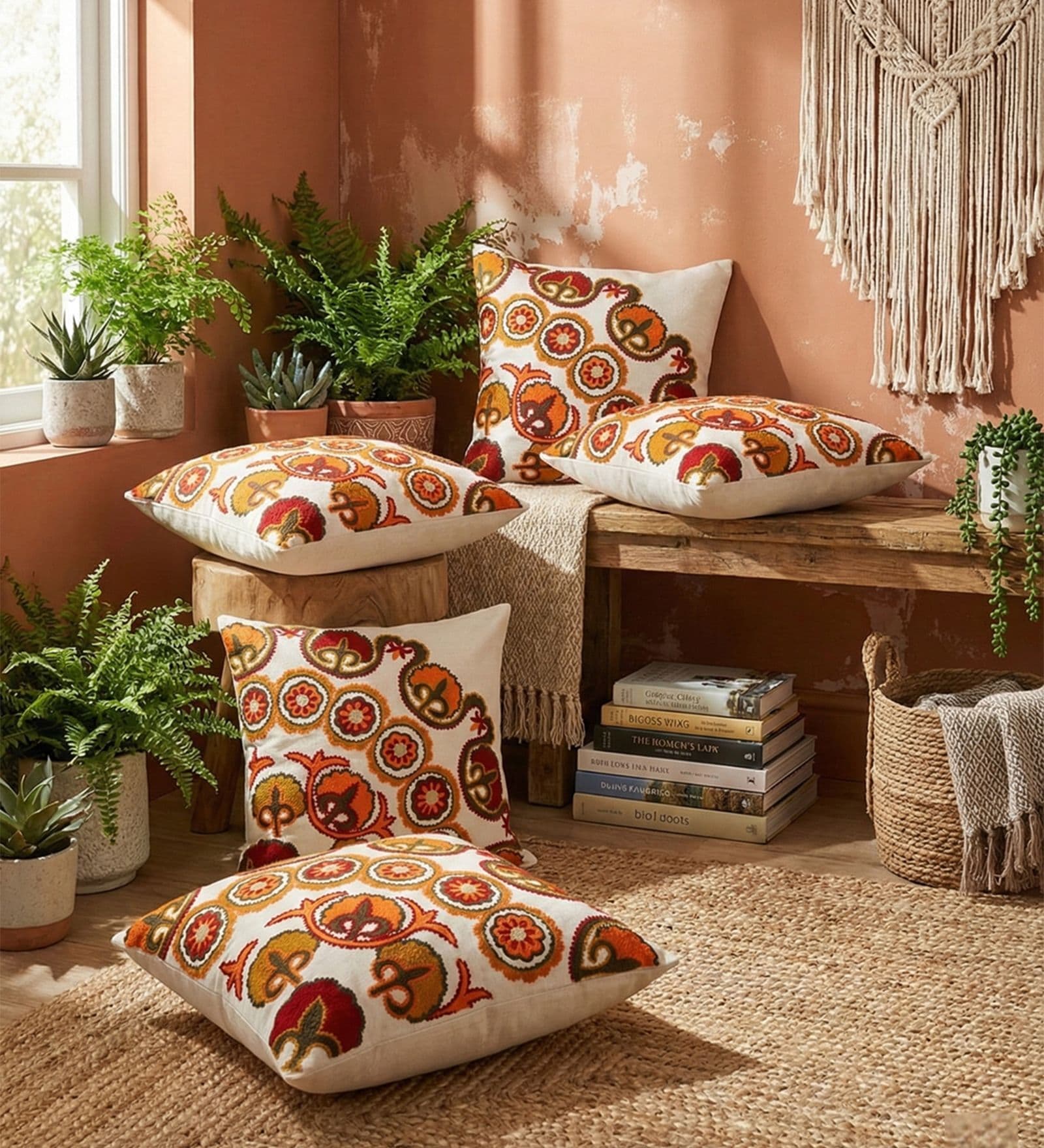 Bohemian Suzani Embroidered Corner Motif Throw Cushion Cover (18x18)