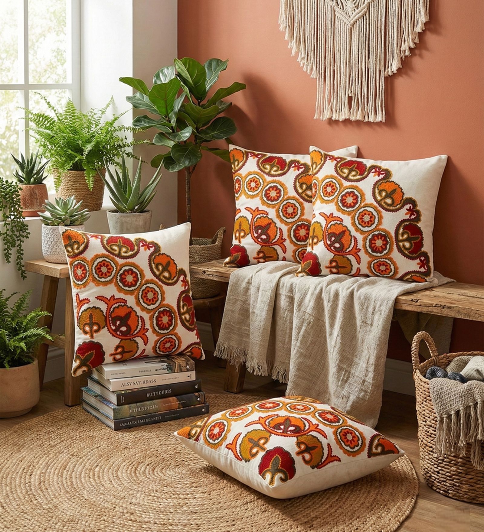 Bohemian Suzani Embroidered Corner Motif Throw Cushion Cover (18x18)