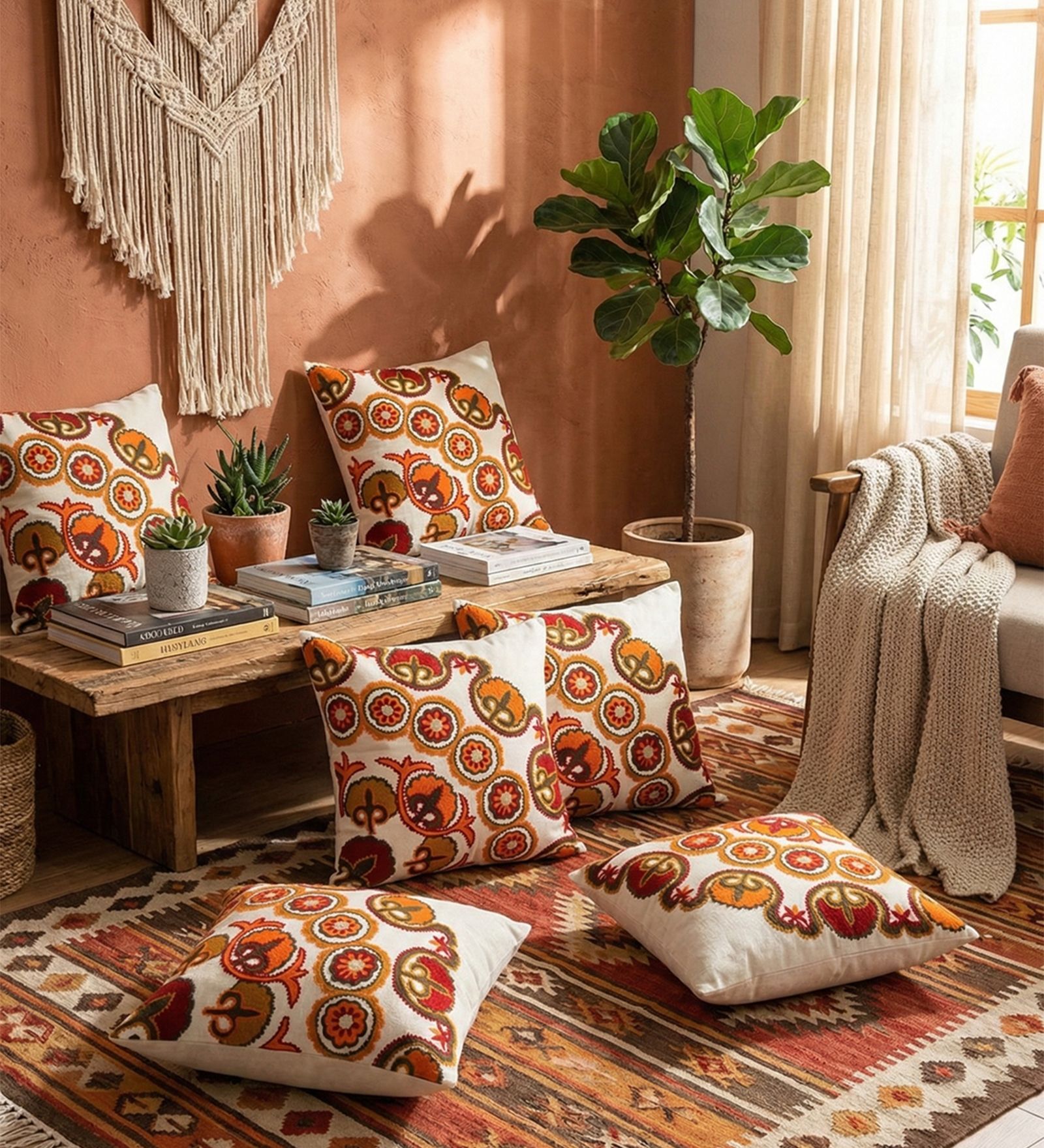 Bohemian Suzani Embroidered Corner Motif Throw Cushion Cover (18x18)