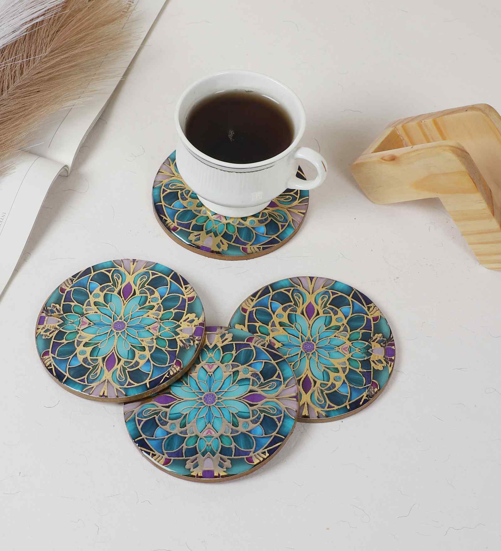 Boho Charm Mandala Print Coaster with Stand (Set of 4)