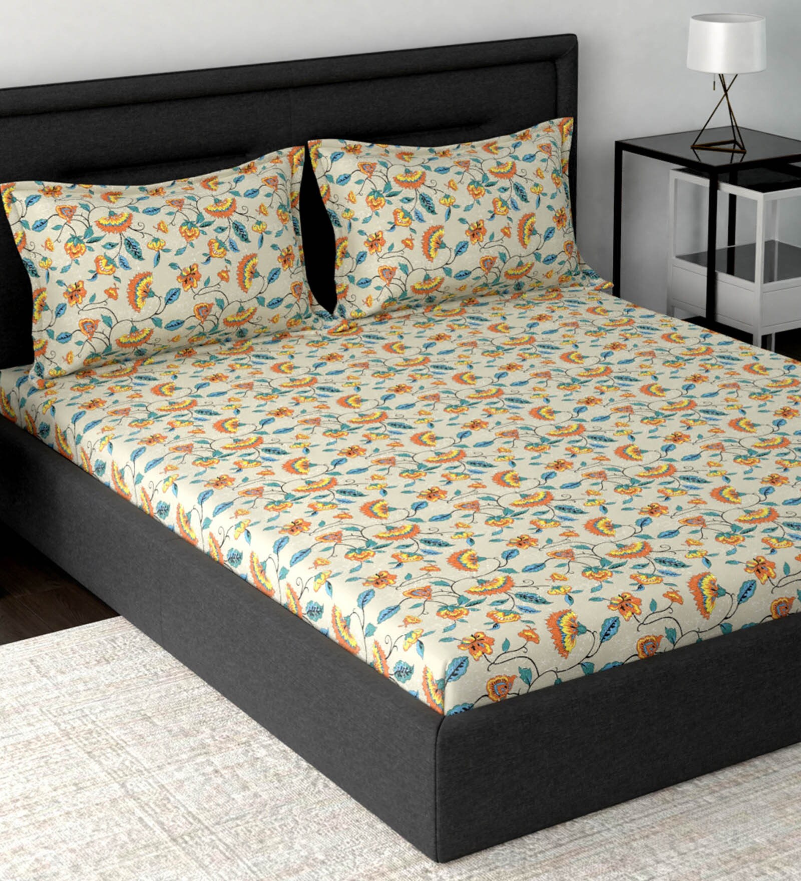 Orange Floral 160 TC Cotton 1 Double Bedsheet with 2 Pillow Covers