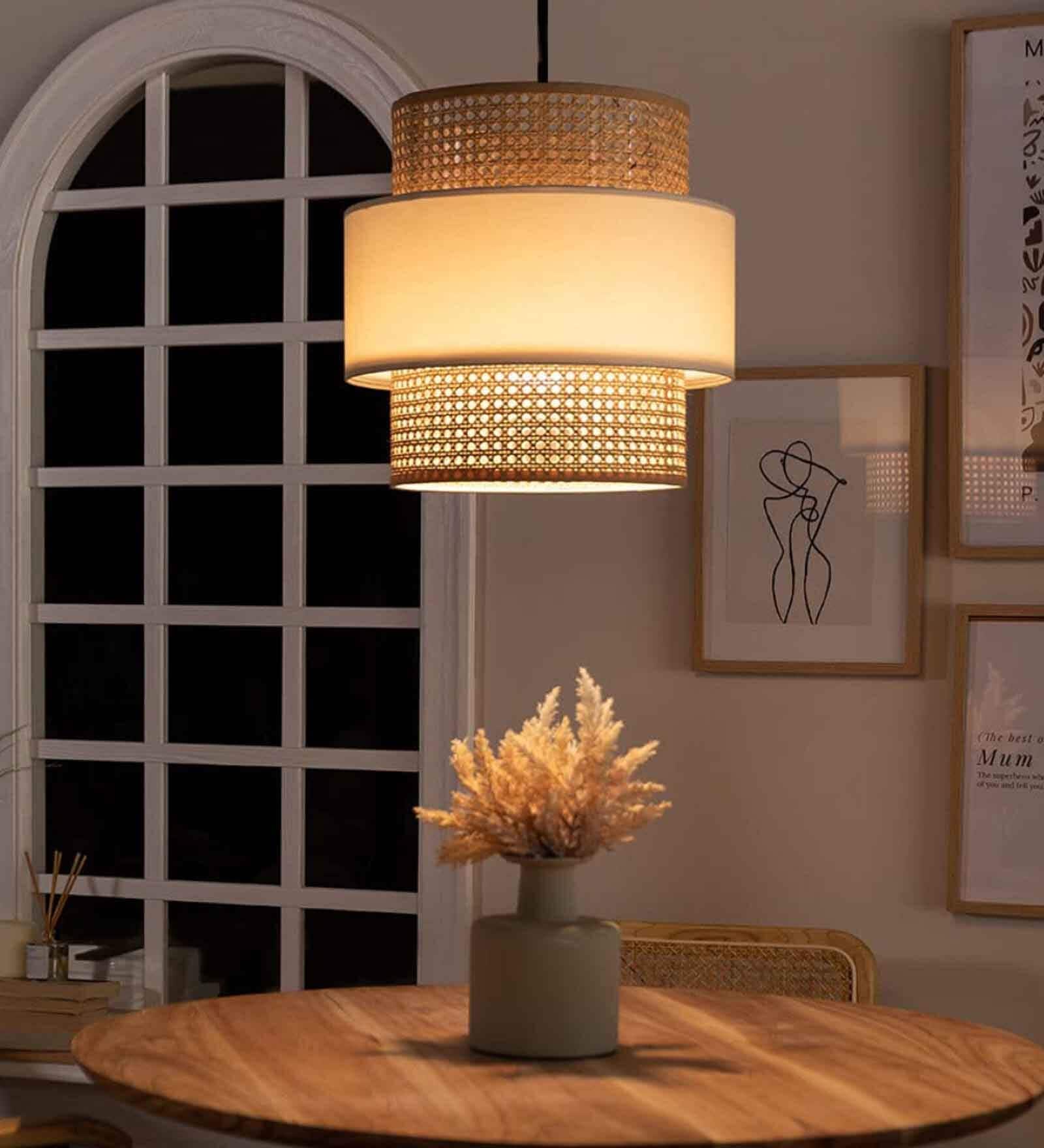 Boho Handmade Rattan Cane Pendant Hanging Light (Black & Beige)