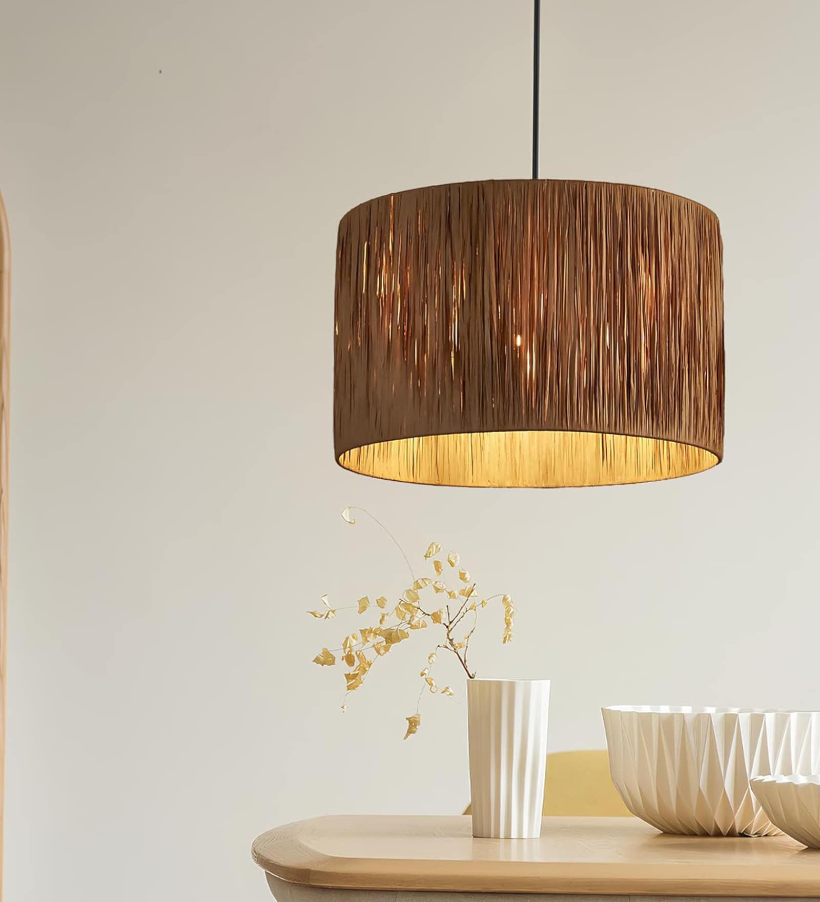 Boho Handmade Rattan Cane Pendant Hanging Light (Black & Beige)