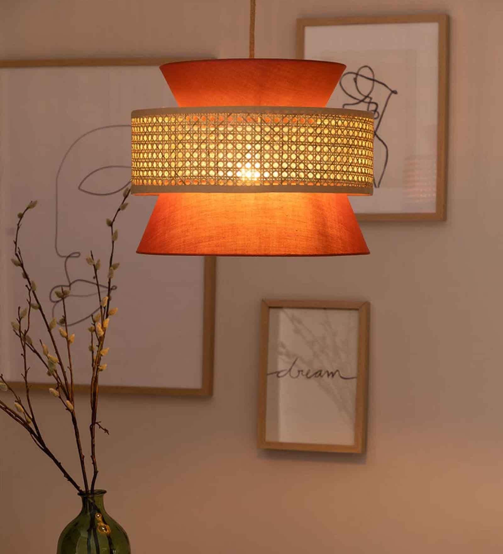Boho Handmade Rattan Cane Pendant Hanging Light (Orange & Beige)