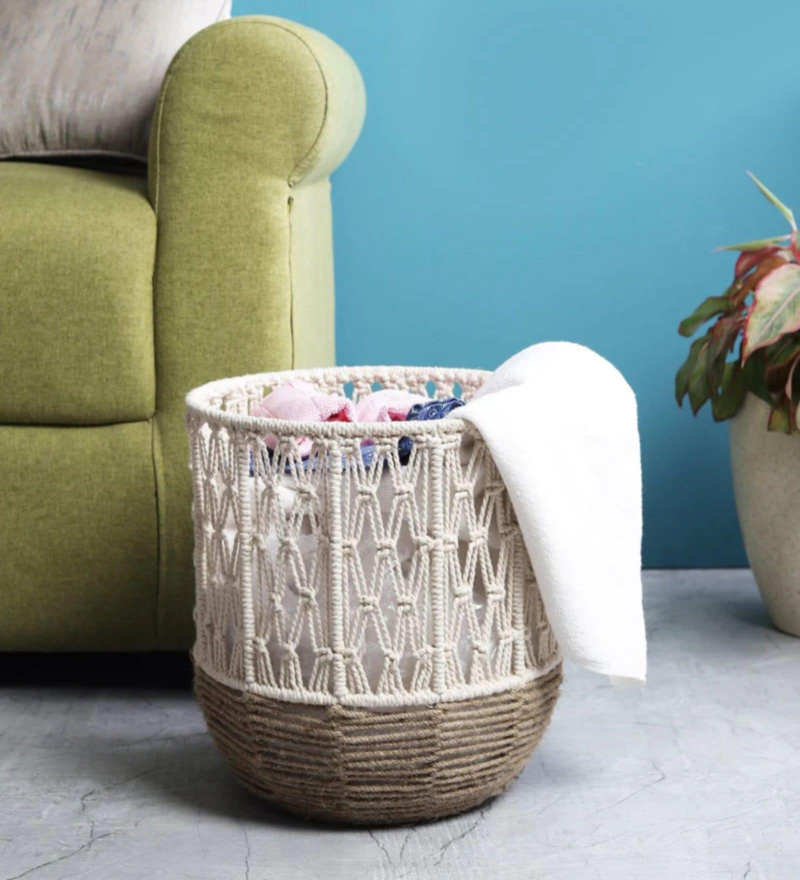 Boho Macrame Handmade Cotton & Jute Laundry Basket