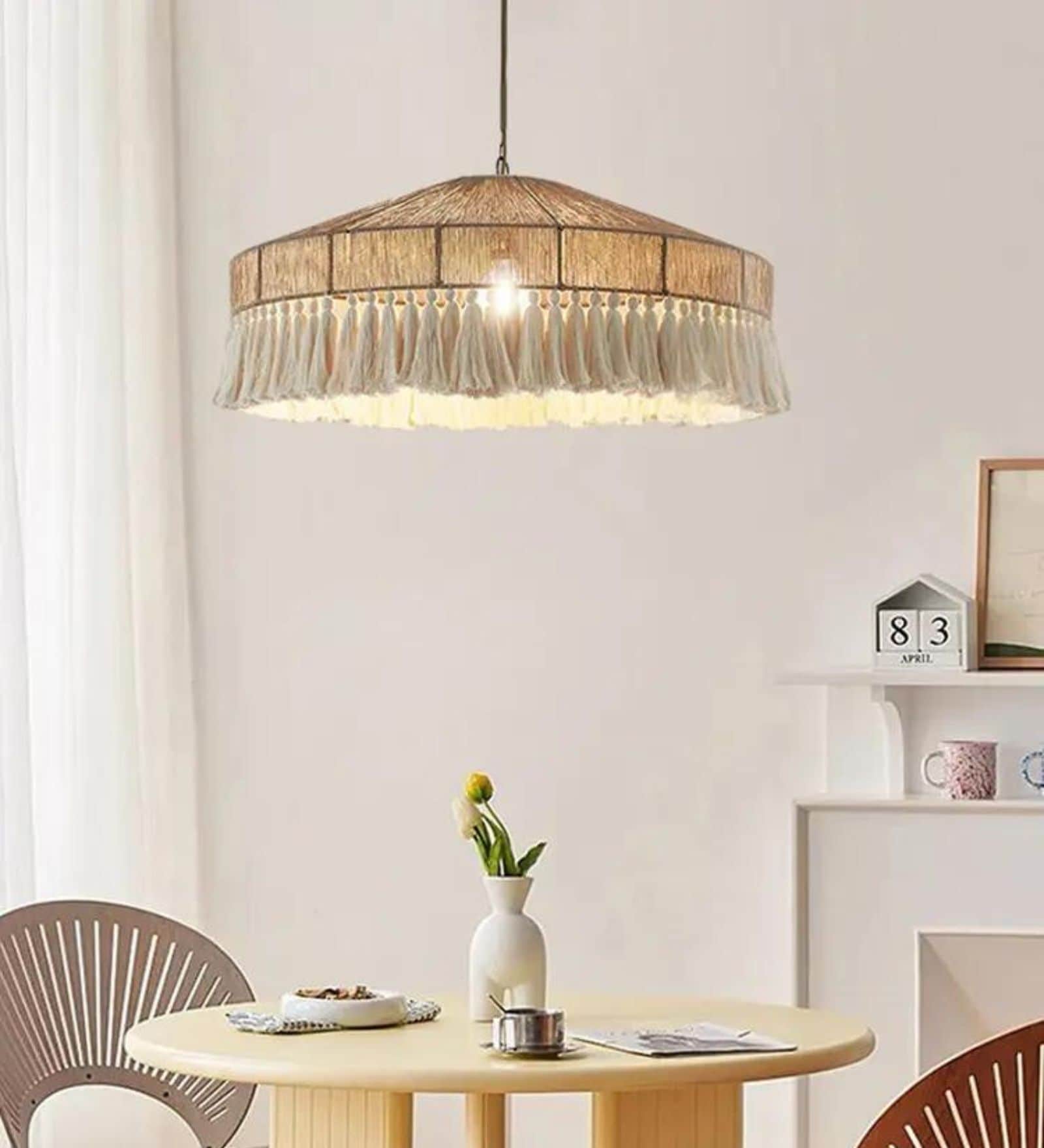 Boho Rattan Pendant Lamp with Macrame Fringe (Beige)