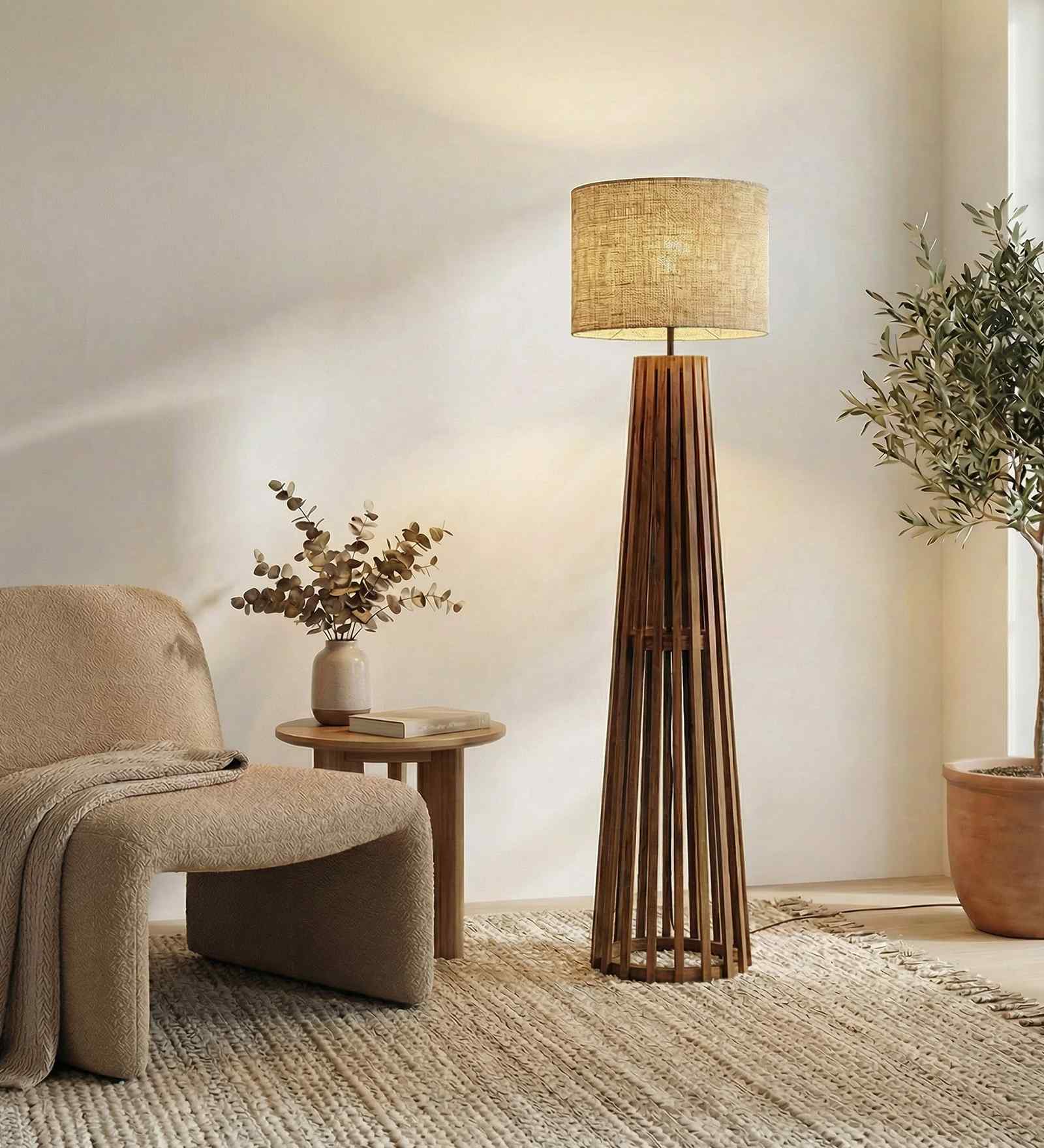 Boho Wooden Floor Lamp with Jute Shade & Brown Base