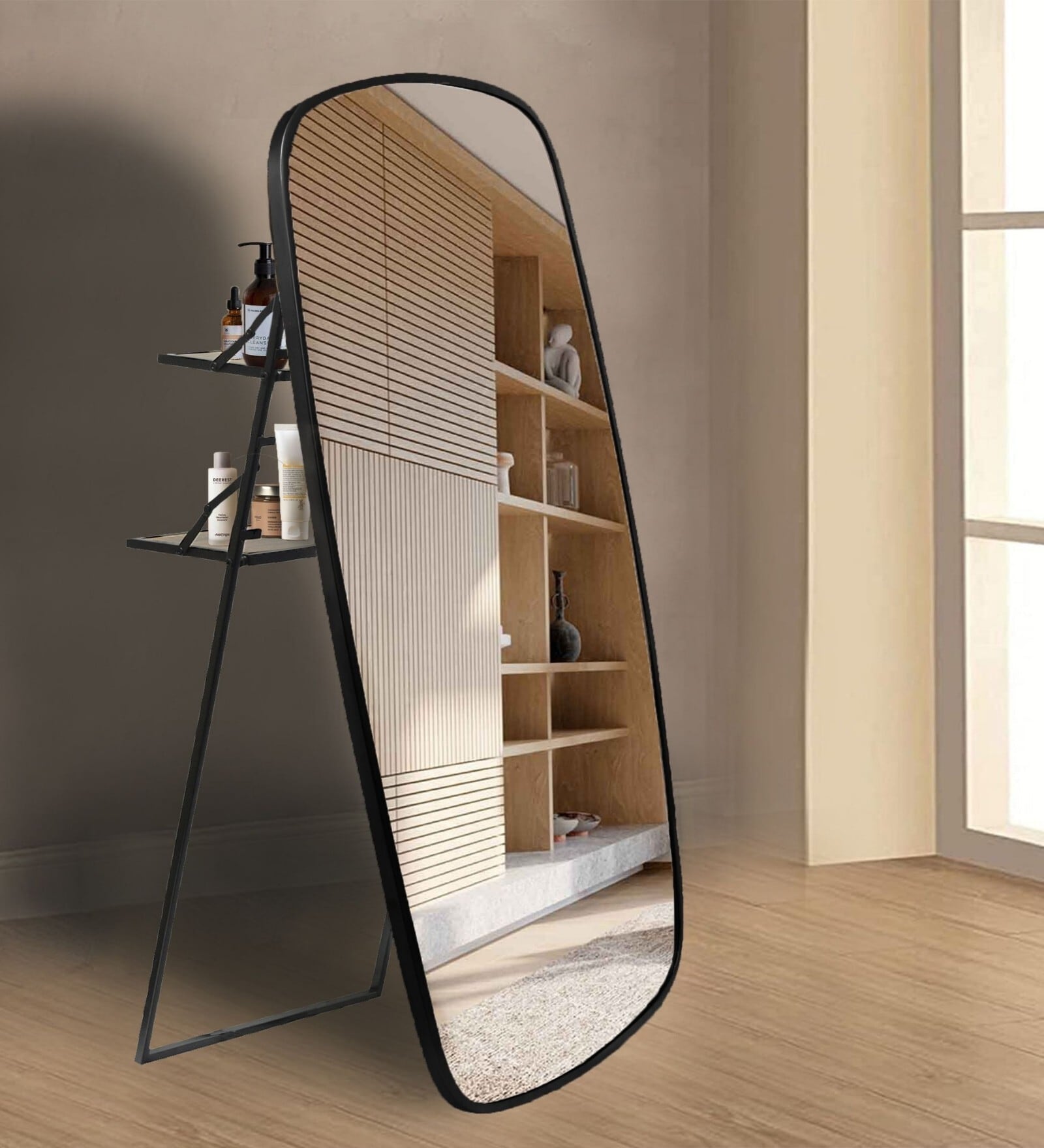 Bold Black Mild Steel Ohana Oval Floor Mirror with Stand
